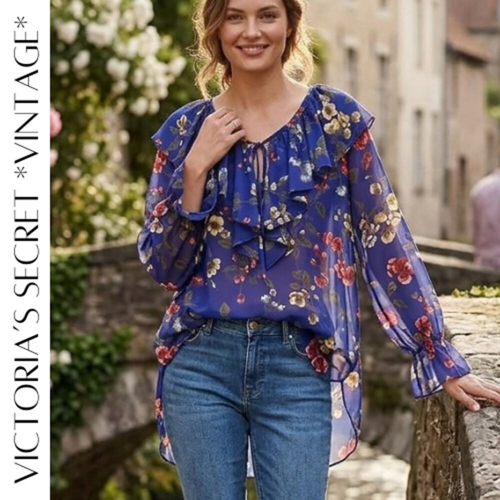 RARE Victoria’s Secret Vintage Gold Label Floral Poet Blouse Ruffle Sheer M/L